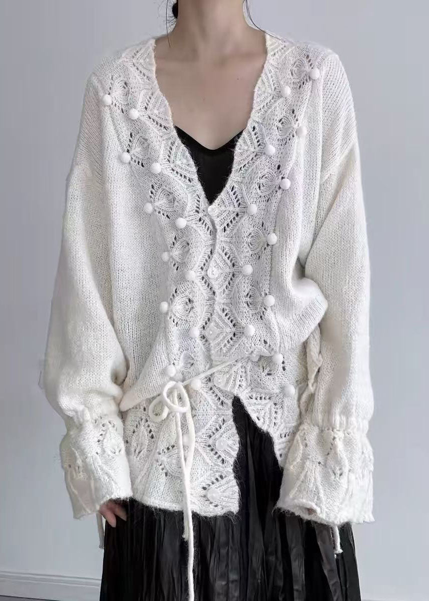 Fashion White Fuzzy Ball Decorated Knit Cardigan Fall