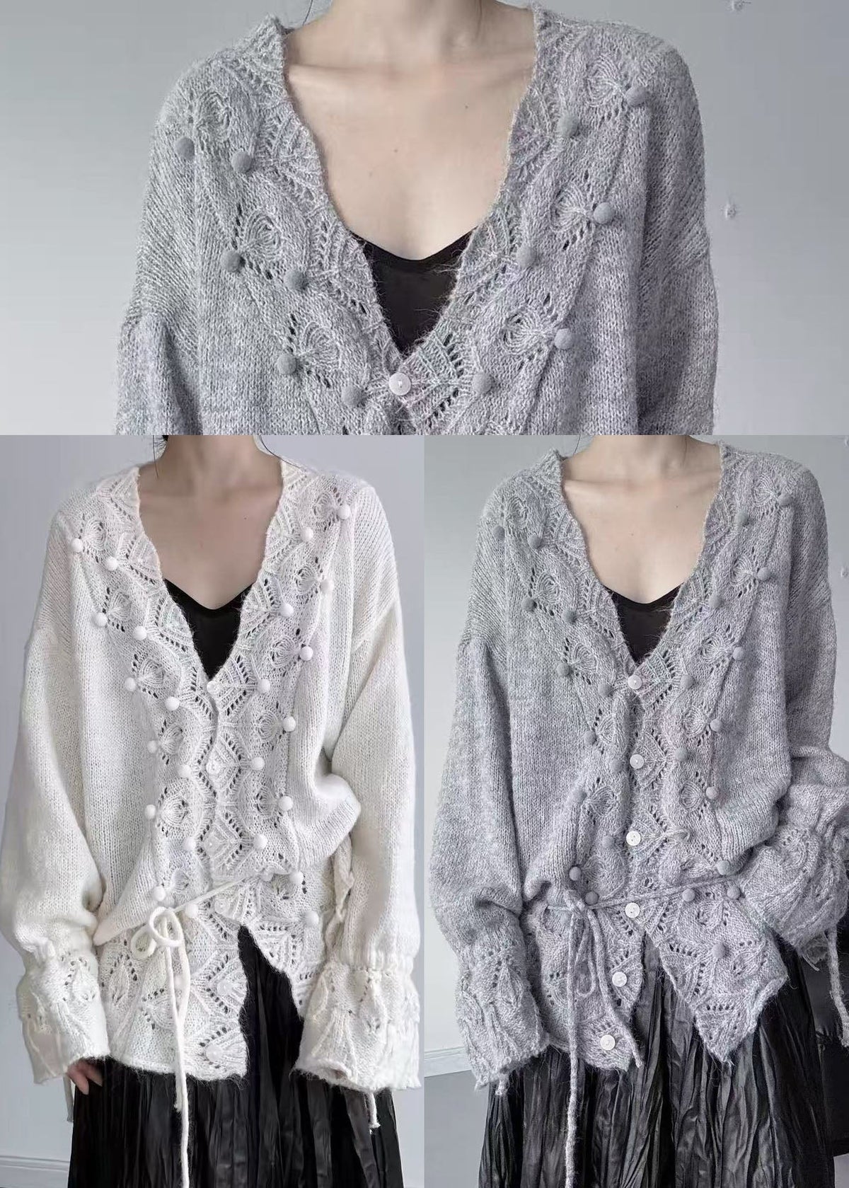 Fashion White Fuzzy Ball Decorated Knit Cardigan Fall