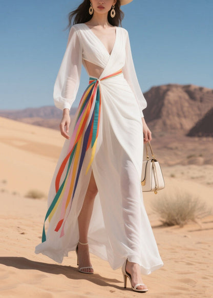 Fashion White Hollow Out Multicolour Ribbon Chiffon Robe Dresses Summer