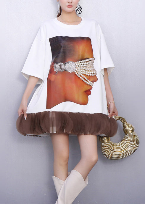 Fashion White Nail Bead Patchwork Cotton Mini Dress Summer