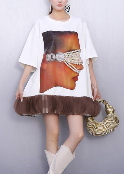 Fashion White Nail Bead Patchwork Cotton Mini Dress Summer