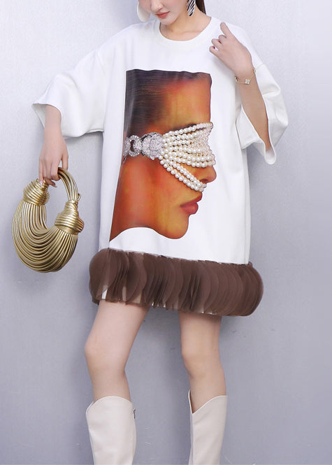 Fashion White Nail Bead Patchwork Cotton Mini Dress Summer