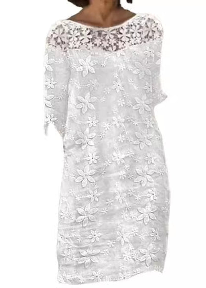 Fashion White O Neck Embroidered Patchwork Cotton Dress Summer