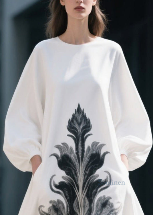 Fashion White Oversized Print Chiffon Dress Lantern Sleeve