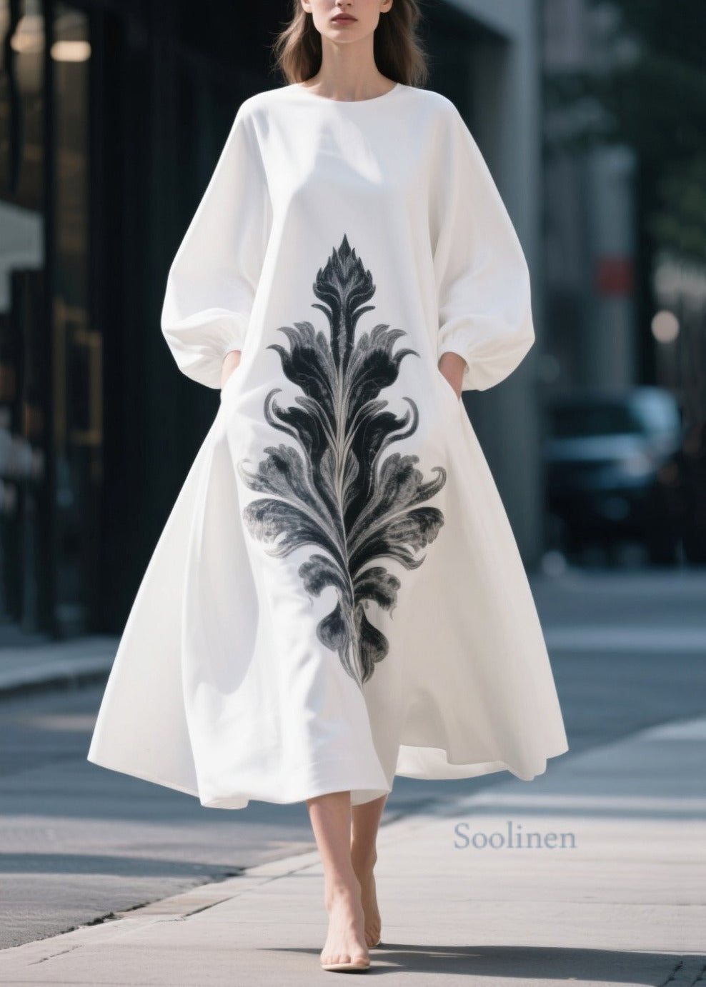 Fashion White Oversized Print Chiffon Dress Lantern Sleeve