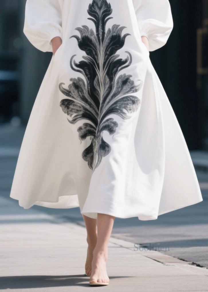 Fashion White Oversized Print Chiffon Dress Lantern Sleeve