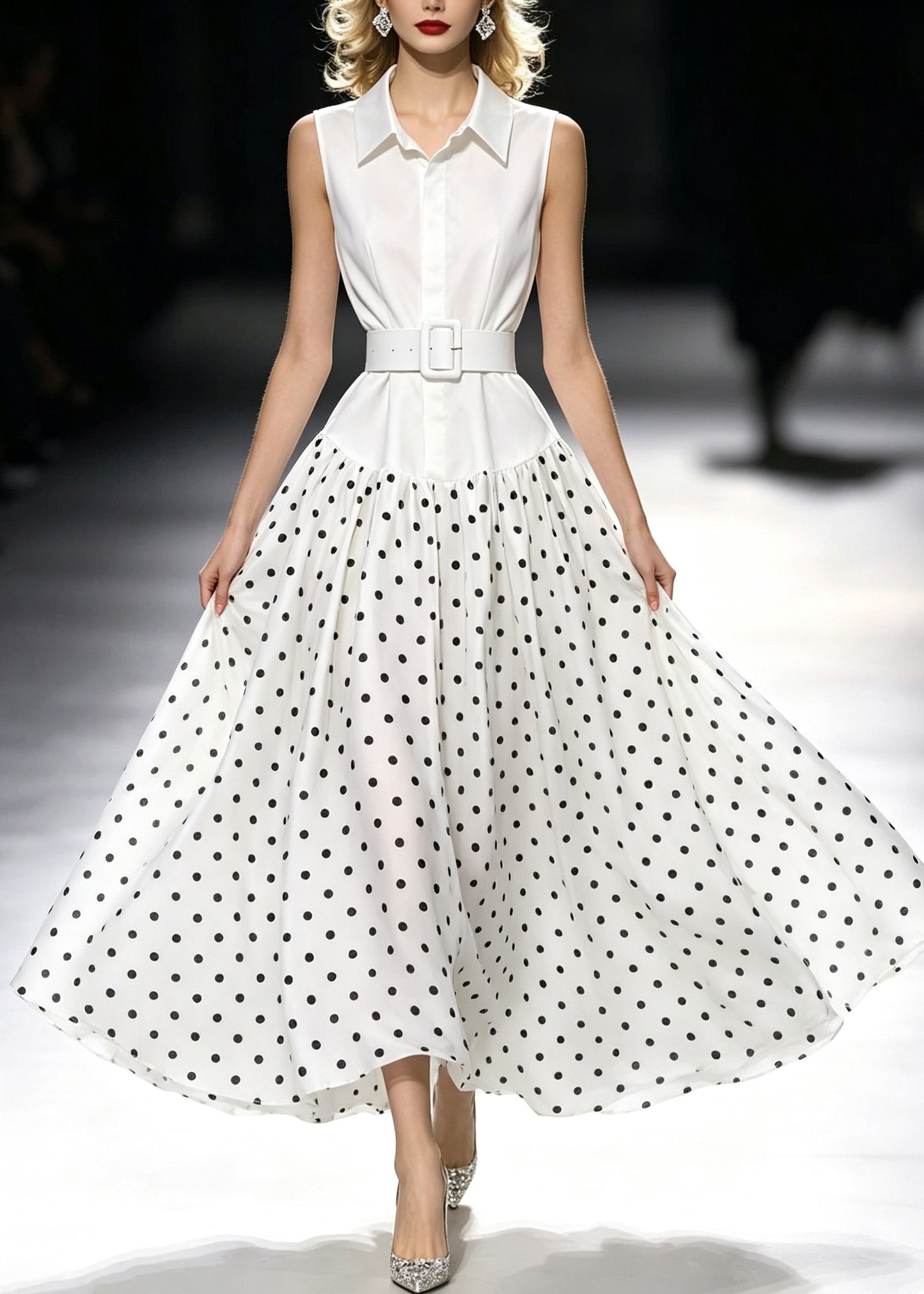 Fashion White Peter Pan Collar Dot Print Maxi Dress Sleeveless