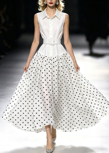 Fashion White Peter Pan Collar Dot Print Maxi Dress Sleeveless