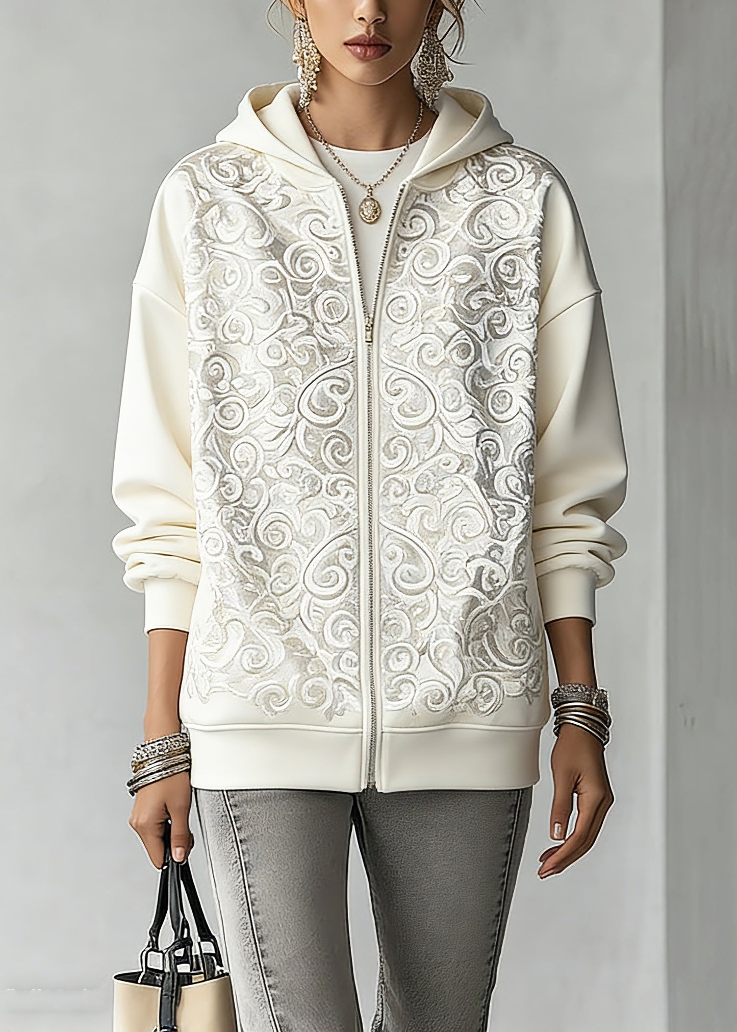 Fashion White Print Zippered Hoodies Fall Outwear