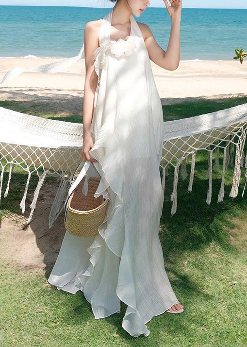 Fashion White Ruffled Asymmetrical Patchwork Cotton Dresses Sleeveless