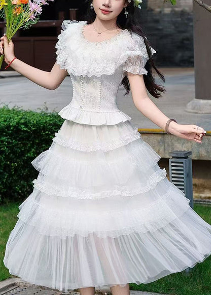Fashion White Ruffled Lace Two Pieces Set Summer