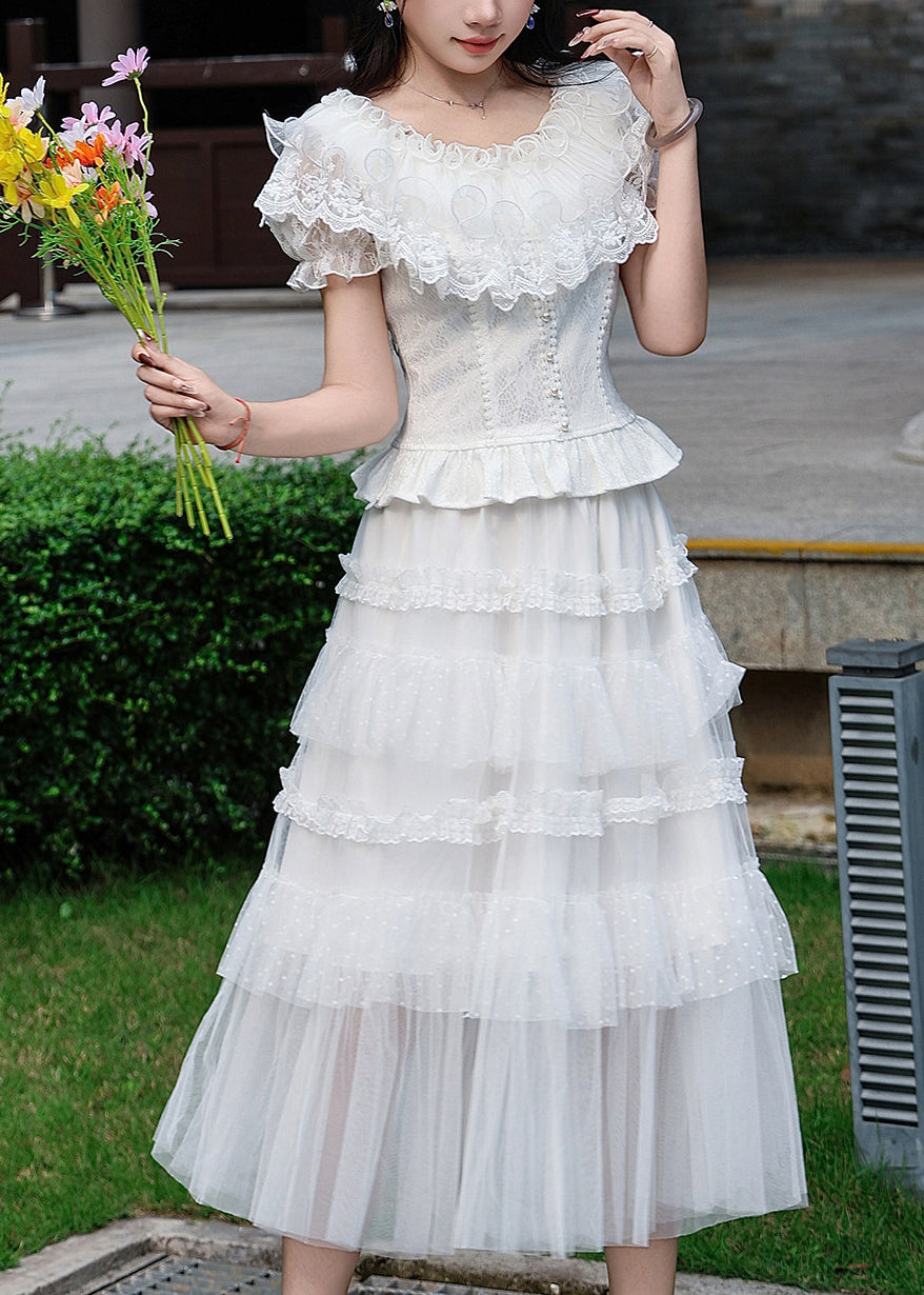 Fashion White Ruffled Lace Two Pieces Set Summer
