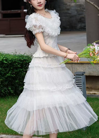 Fashion White Ruffled Lace Two Pieces Set Summer