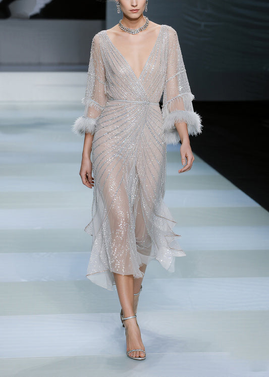 Fashion White Sequins Patchwork Faux Fur Tulle Dresses Summer