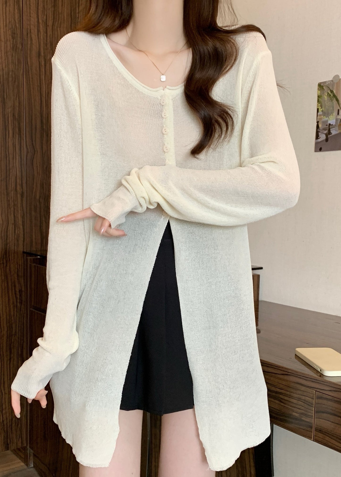 Fashion White Side Open Single Breasted Knit Sweater Fall