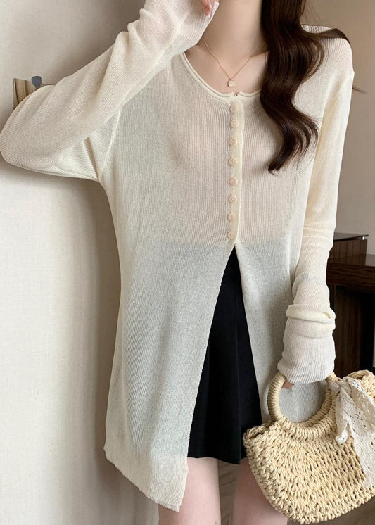 Fashion White Side Open Single Breasted Knit Sweater Fall