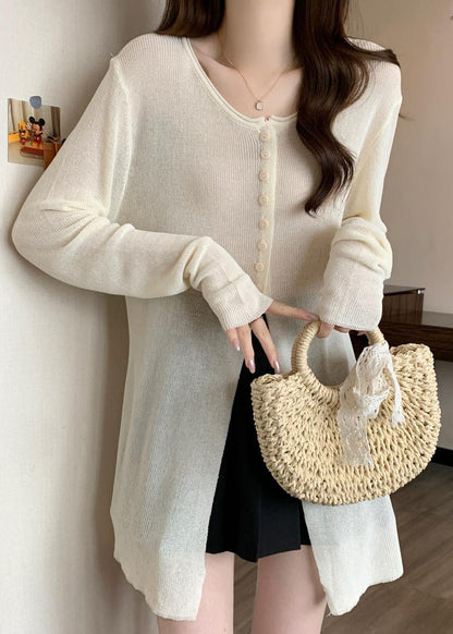 Fashion White Side Open Single Breasted Knit Sweater Fall