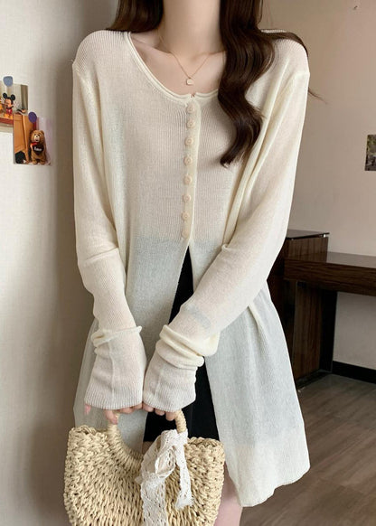Fashion White Side Open Single Breasted Knit Sweater Fall