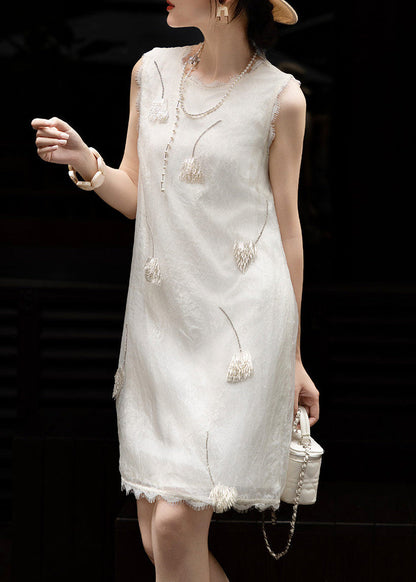 Fashion White Tasseled Patchwork Silk Tea Dresses Summer