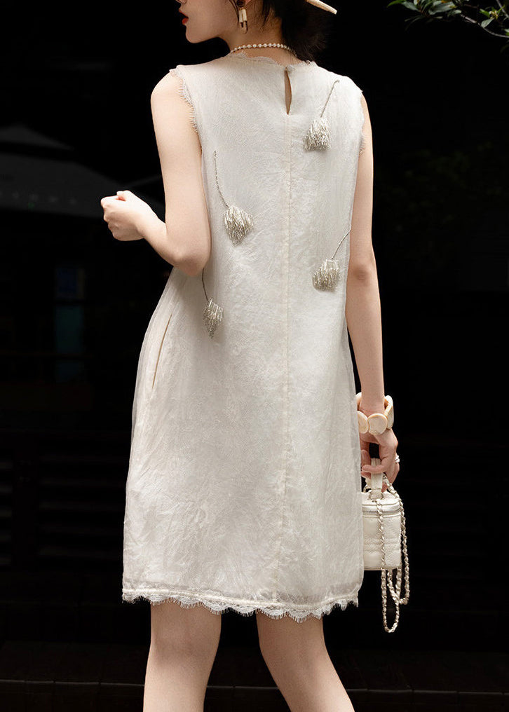 Fashion White Tasseled Patchwork Silk Tea Dresses Summer
