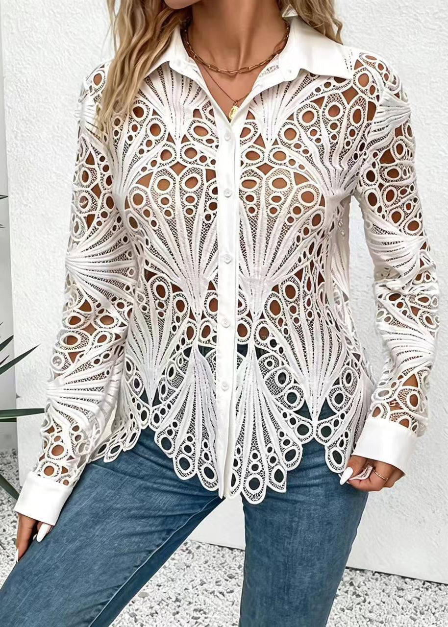 Fashion White Turn-Down Collar Hollow Out Lace Shirts Fall