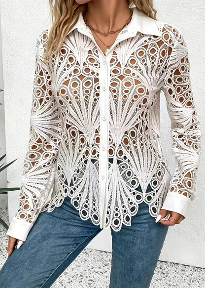 Fashion White Turn-Down Collar Hollow Out Lace Shirts Fall