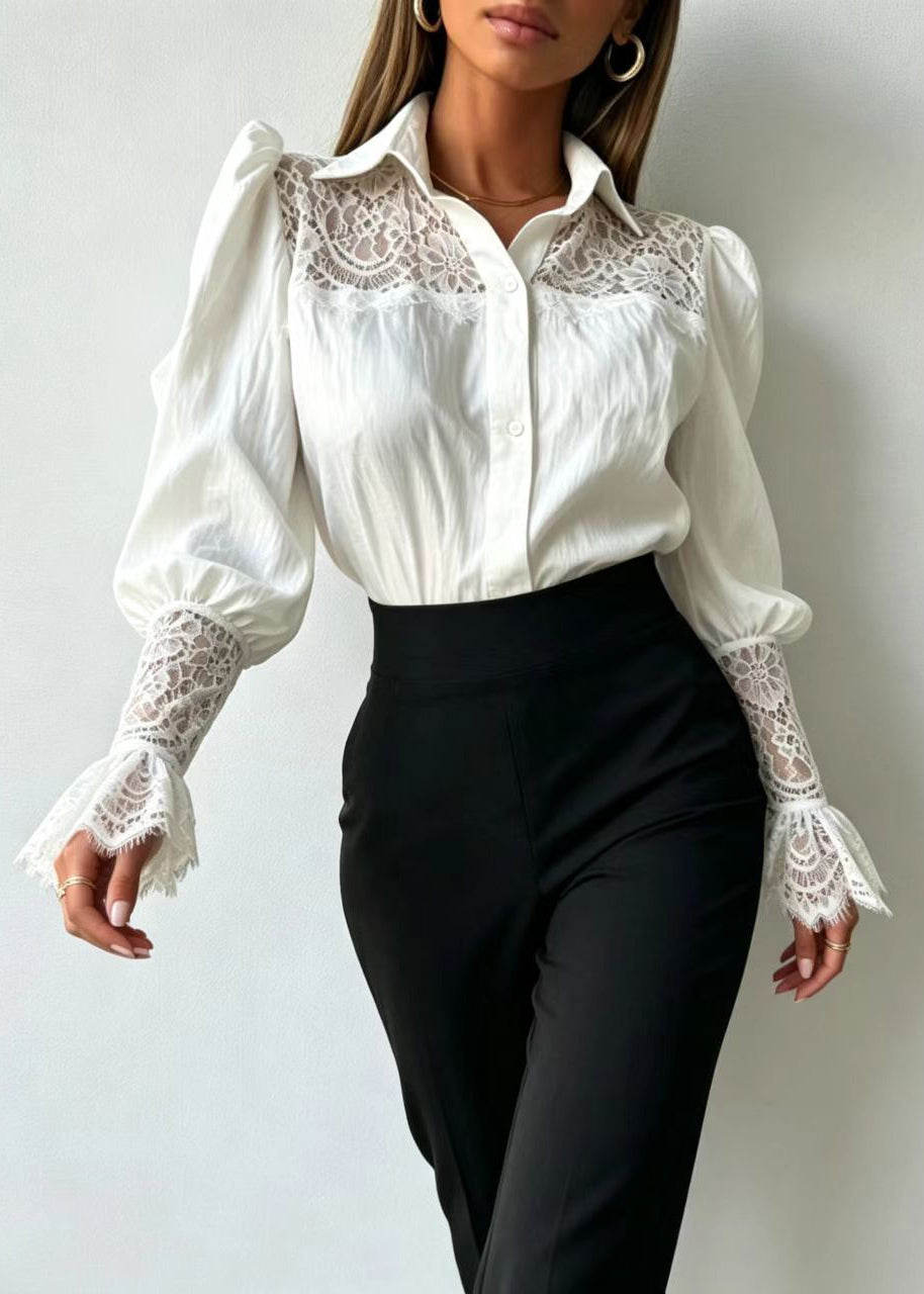 Fashion White Turn-Down Collar Patchwork Lace Shirt Tops Fall