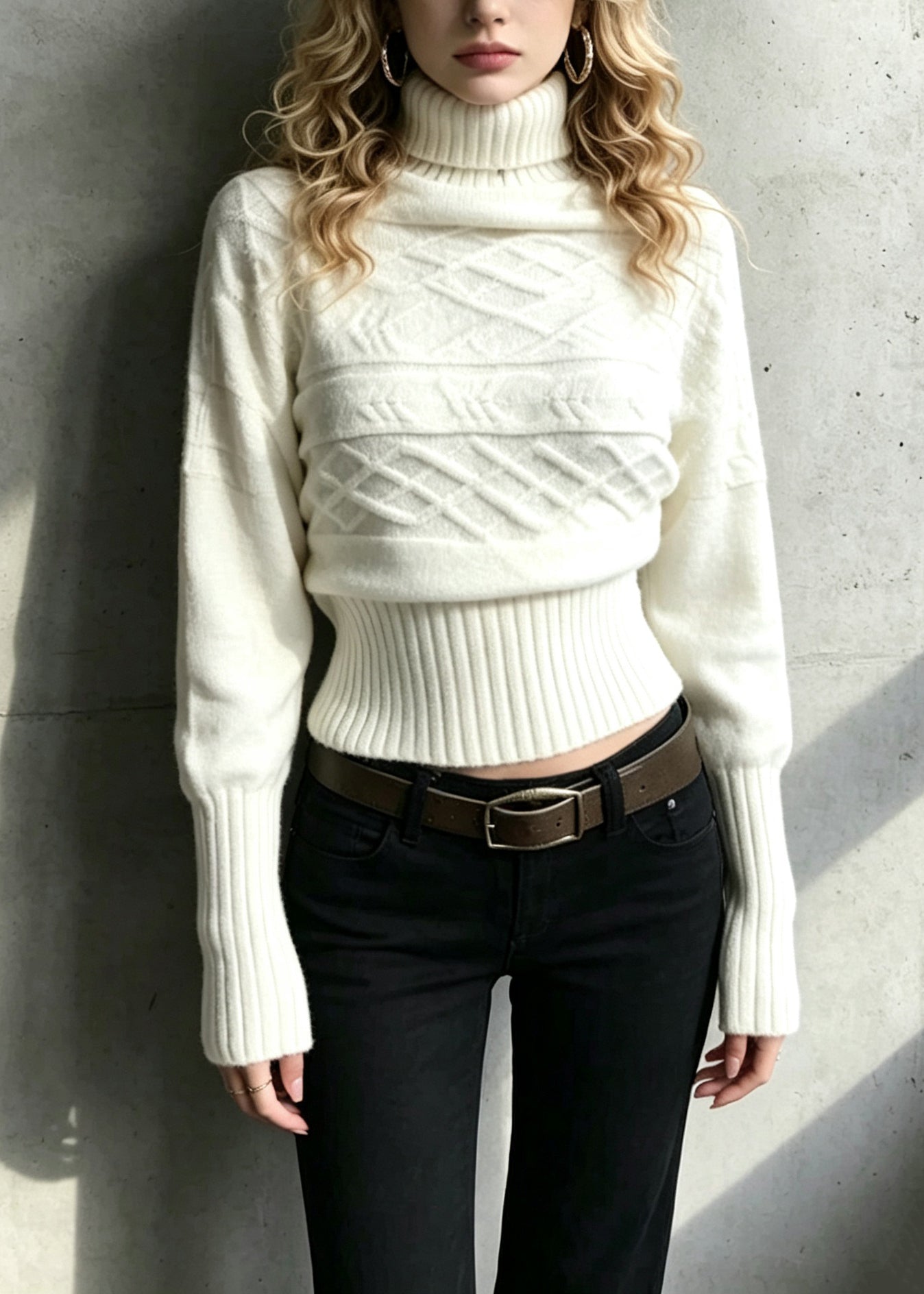Fashion White Turtleneck Knit Sweaters Batwing Sleeve