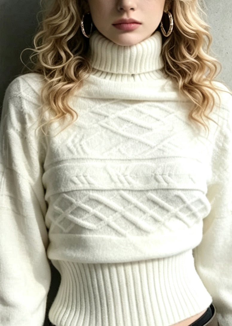 Fashion White Turtleneck Knit Sweaters Batwing Sleeve