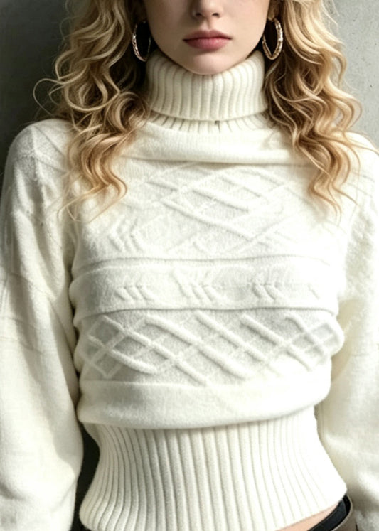 Fashion White Turtleneck Knit Sweaters Batwing Sleeve