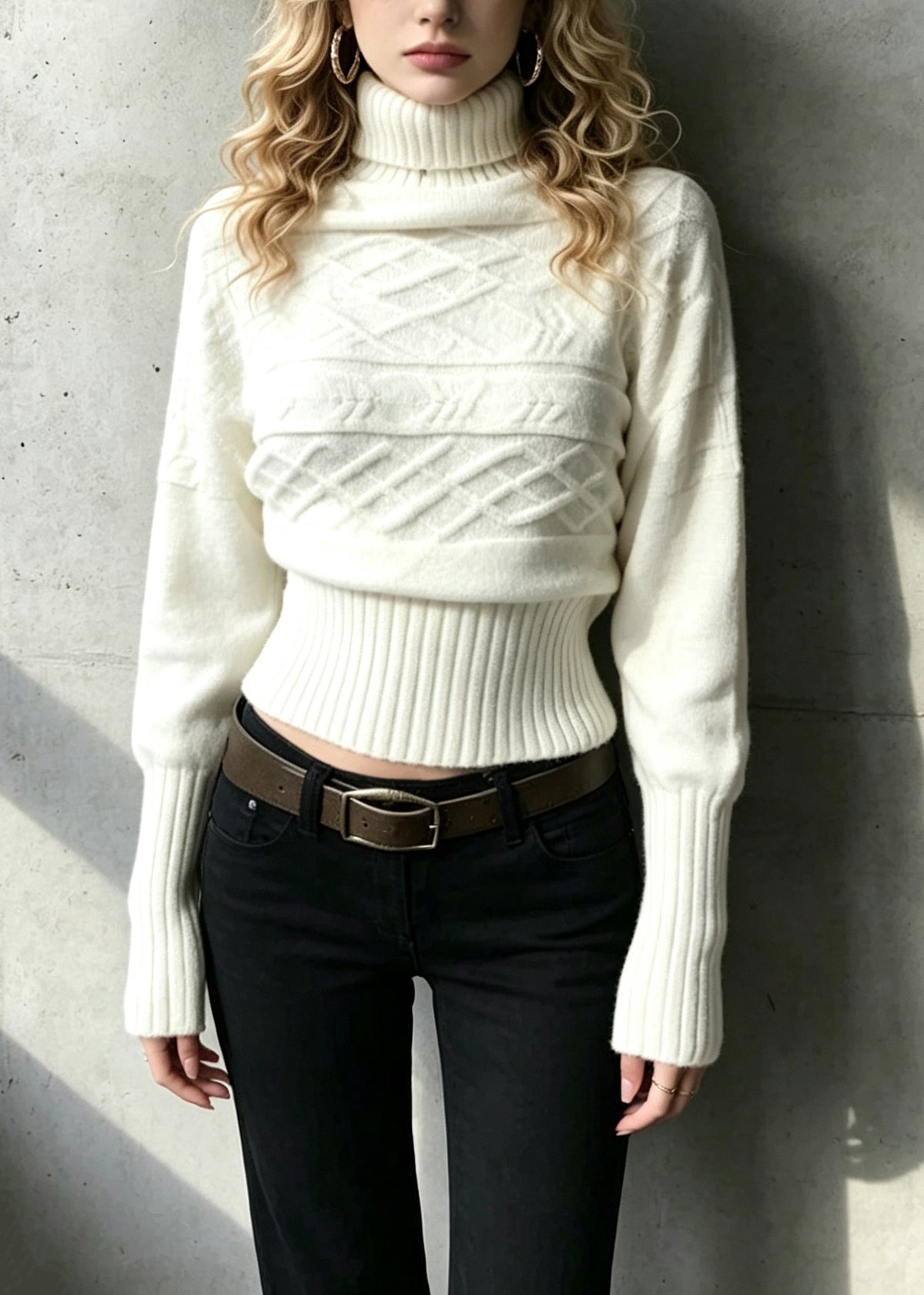 Fashion White Turtleneck Knit Sweaters Batwing Sleeve