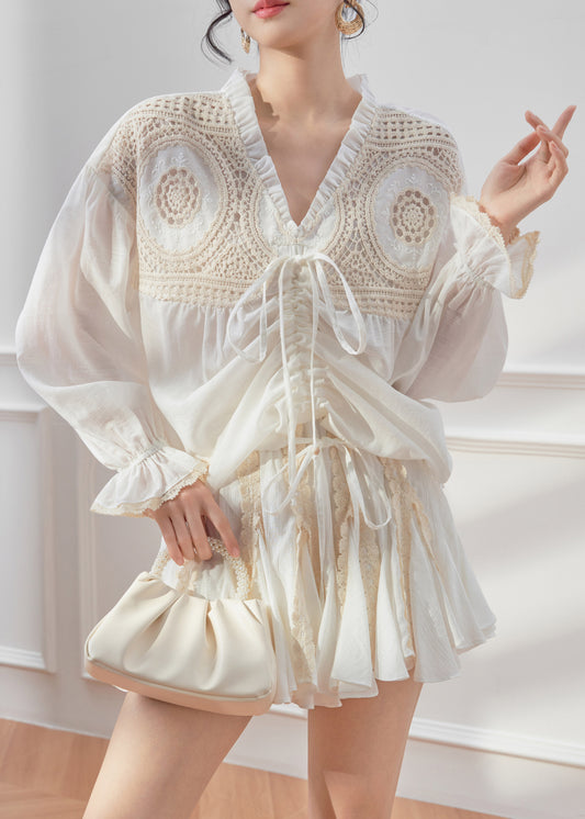 Fashion White V Neck Drawstring Shirt And Skirts Two Piece Set Spring