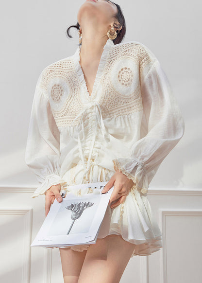Fashion White V Neck Drawstring Shirt And Skirts Two Piece Set Spring