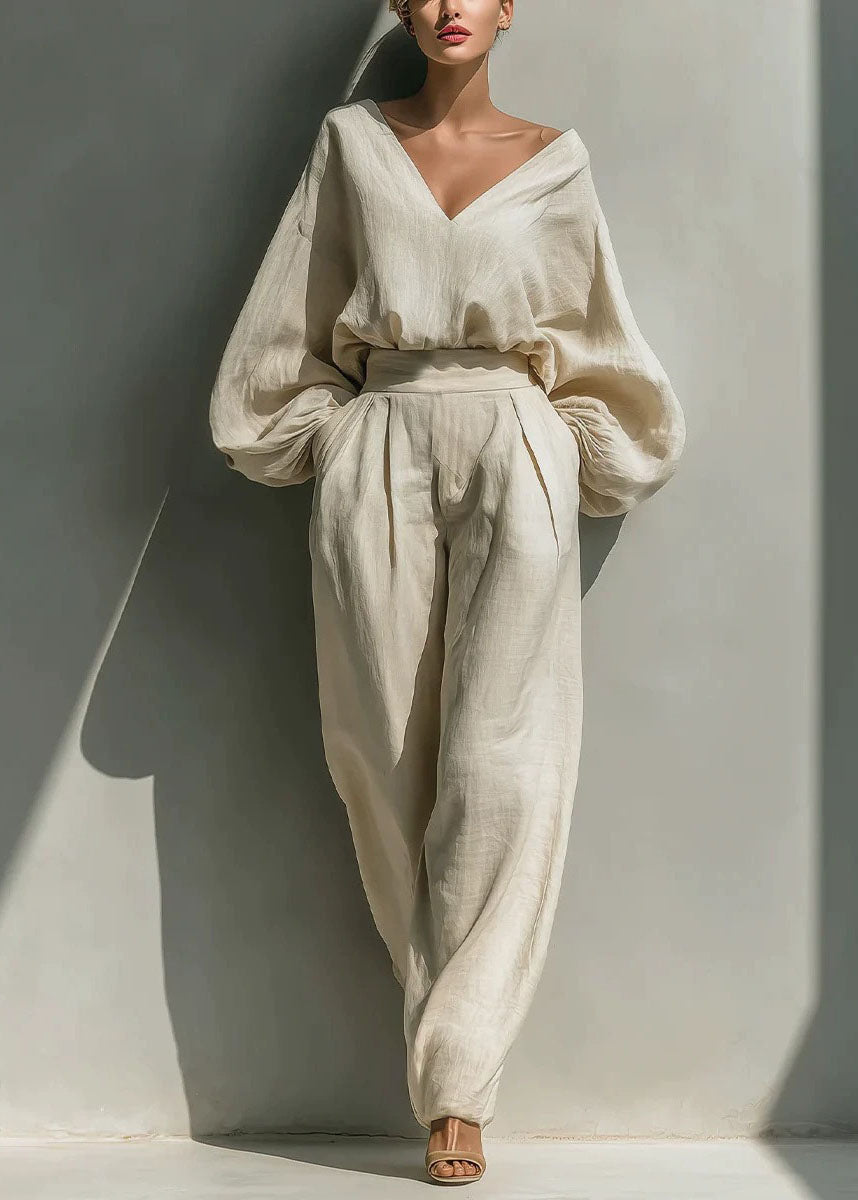 Fashion White V Neck Solid Top And Wide Leg Pants Two Pieces Set Fall