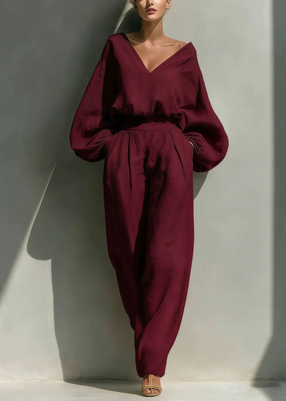 Fashion White V Neck Solid Top And Wide Leg Pants Two Pieces Set Fall