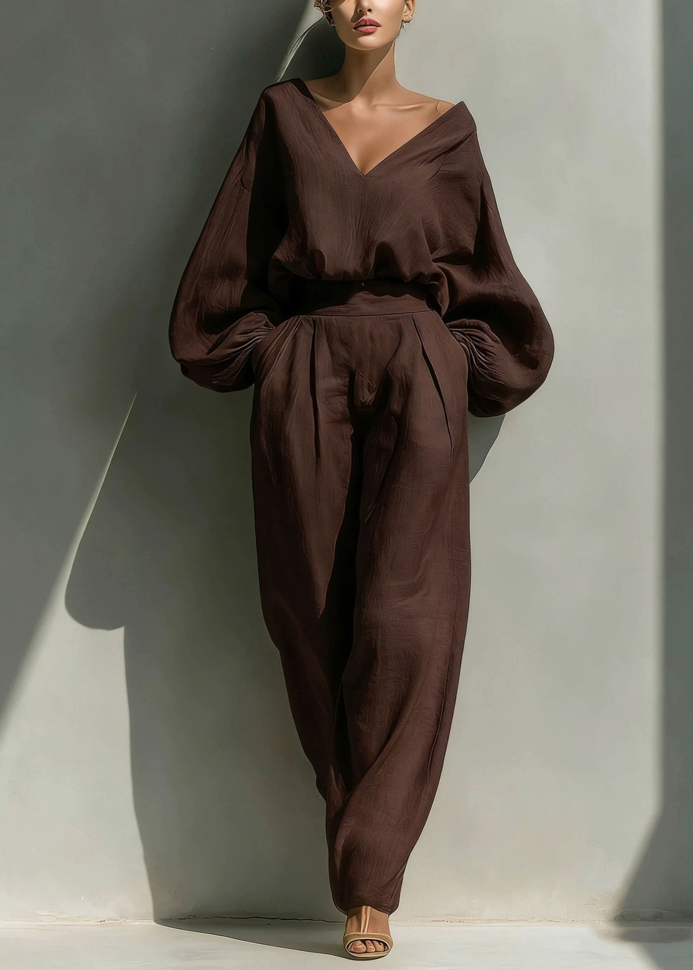 Fashion White V Neck Solid Top And Wide Leg Pants Two Pieces Set Fall