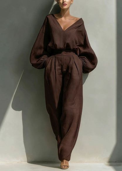 Fashion White V Neck Solid Top And Wide Leg Pants Two Pieces Set Fall