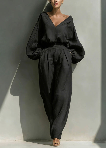 Fashion White V Neck Solid Top And Wide Leg Pants Two Pieces Set Fall