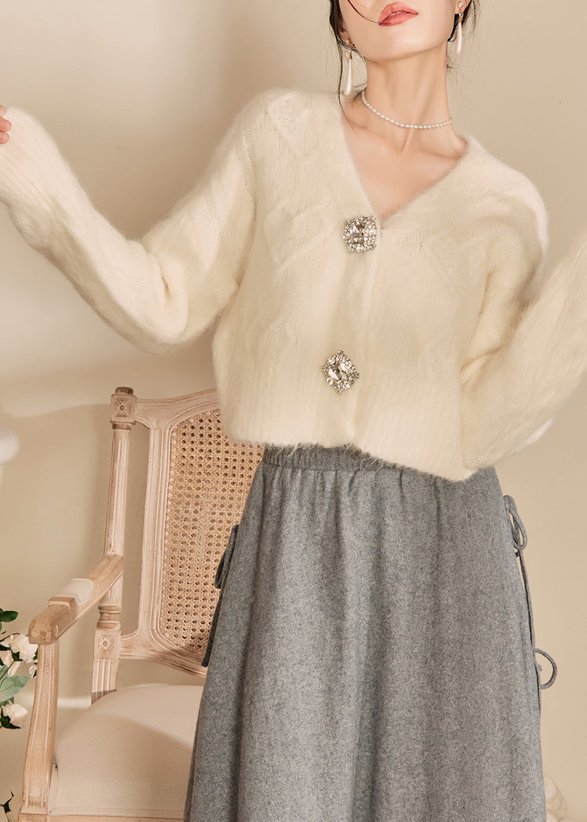 Fashion White V Neck Woolen Short Cardigans Spring