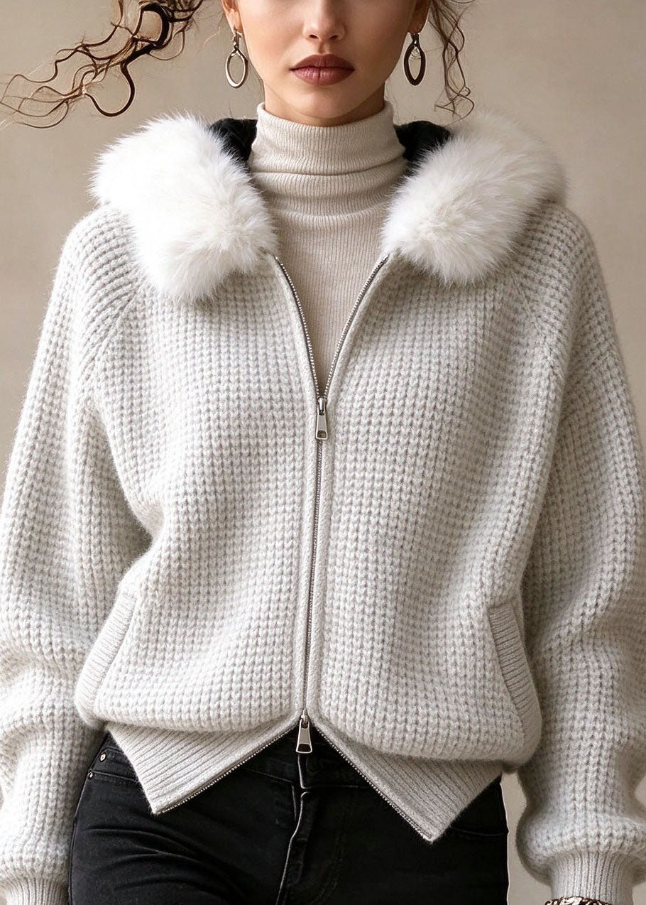 Fashion White Zip Up Fur Patchwork Knit Hoodies Coat Fall