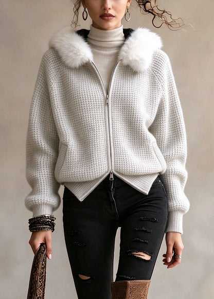 Fashion White Zip Up Fur Patchwork Knit Hoodies Coat Fall