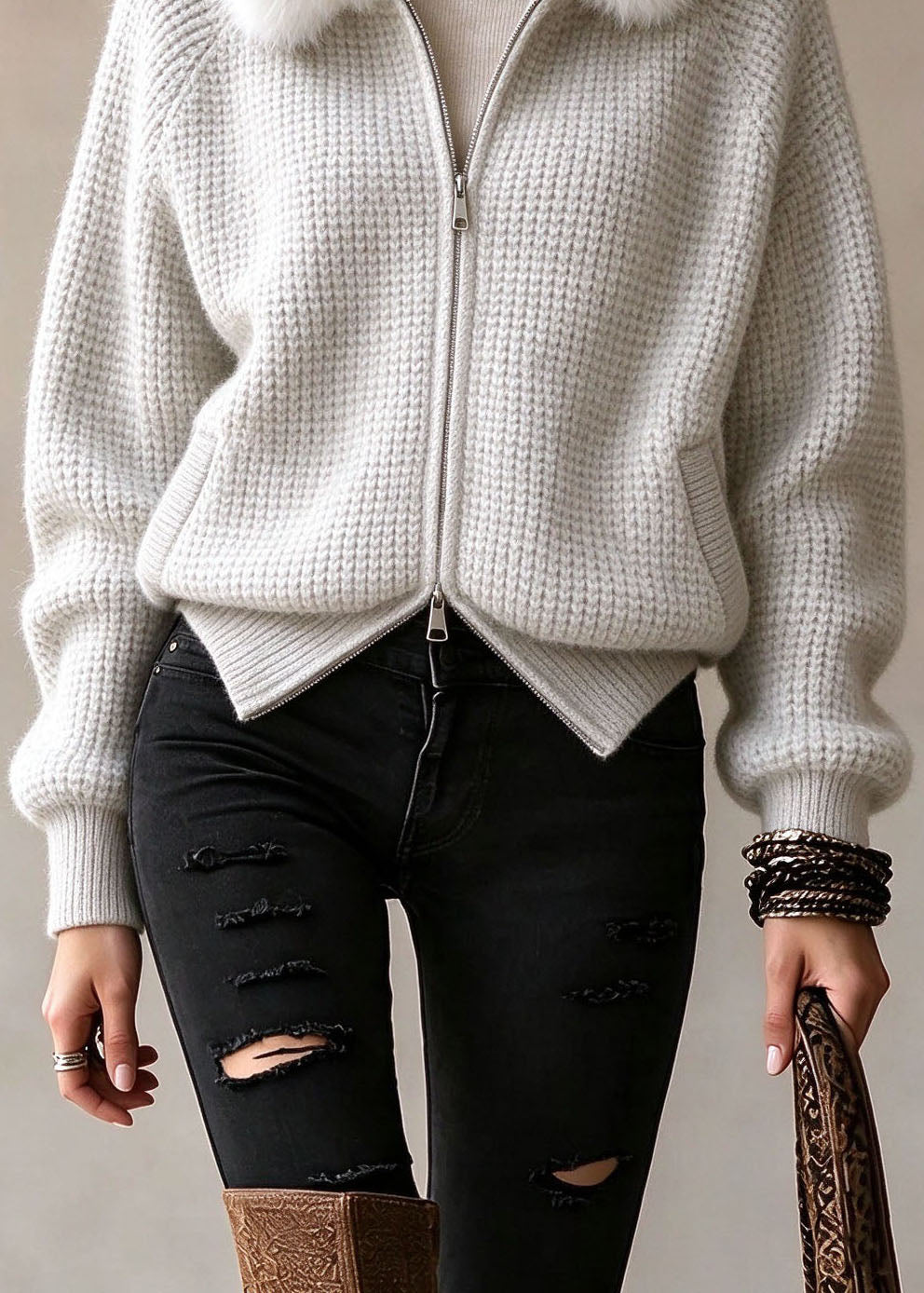 Fashion White Zip Up Fur Patchwork Knit Hoodies Coat Fall