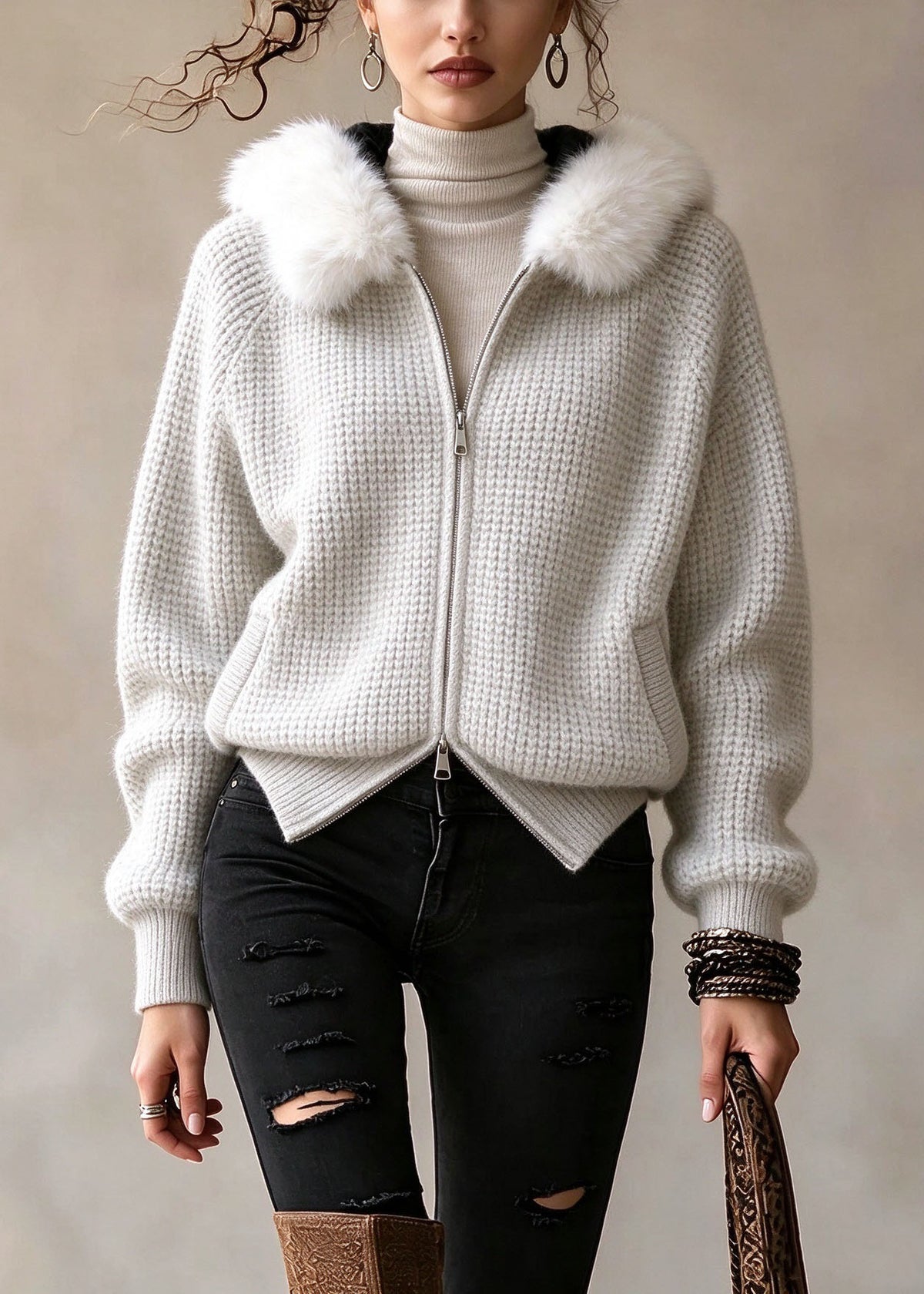 Fashion White Zip Up Fur Patchwork Knit Hoodies Coat Fall
