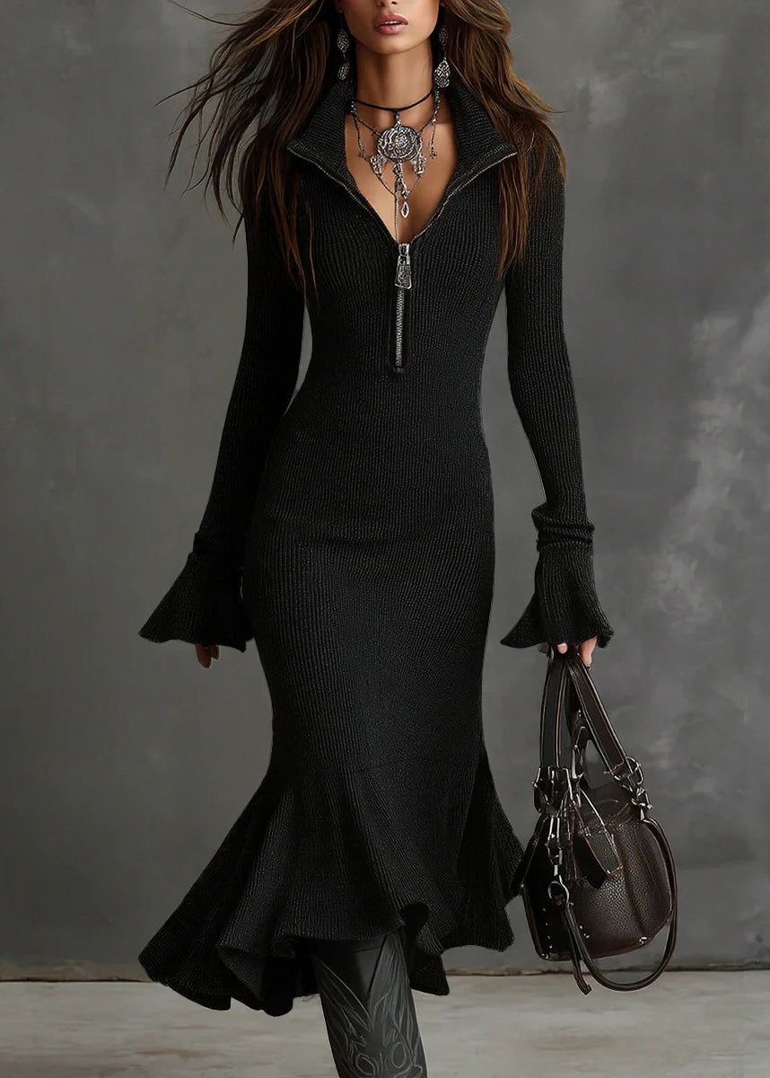 Fashion White Zip Up Patchwork Knit Dress Flare Sleeve