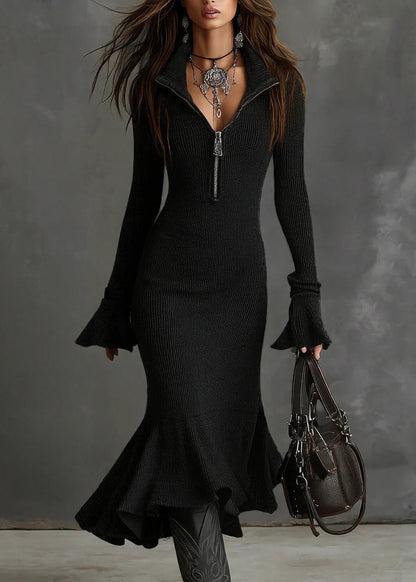 Fashion White Zip Up Patchwork Knit Dress Flare Sleeve