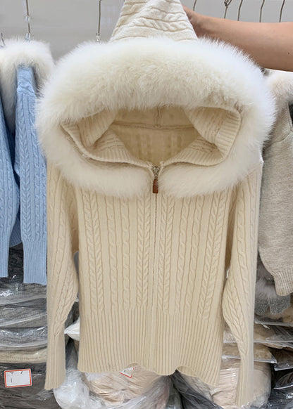 Fashion White Zippered Patchwork Hooded Cotton Knit Cardigan Winter