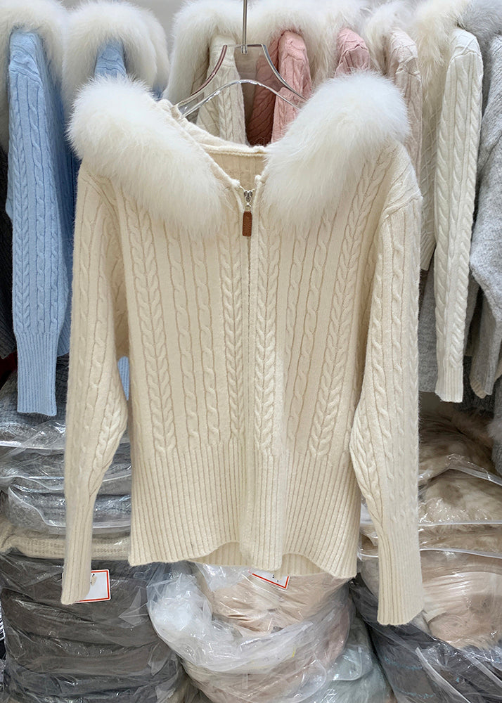 Fashion White Zippered Patchwork Hooded Cotton Knit Cardigan Winter