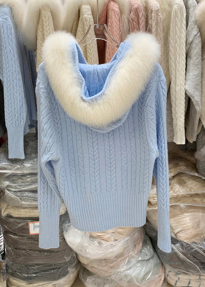 Fashion White Zippered Patchwork Hooded Cotton Knit Cardigan Winter