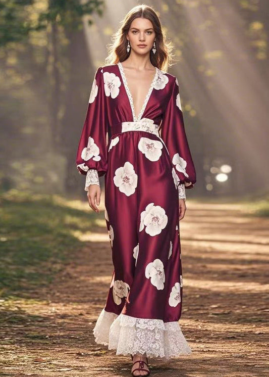 Fashion Wine Red V Neck Print Patchwork Silk Long Dress Spring