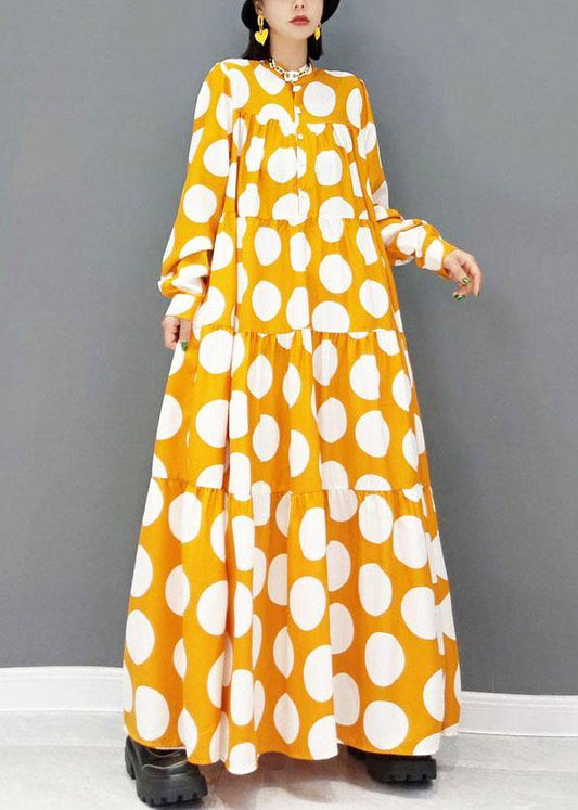 Fashion Yellow Button Print Fall Long Sleeve Holiday Dress - SooLinen